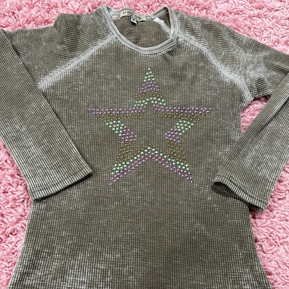 Adorable, distressed, embellished, waffle shirt - Picture 2 of 3